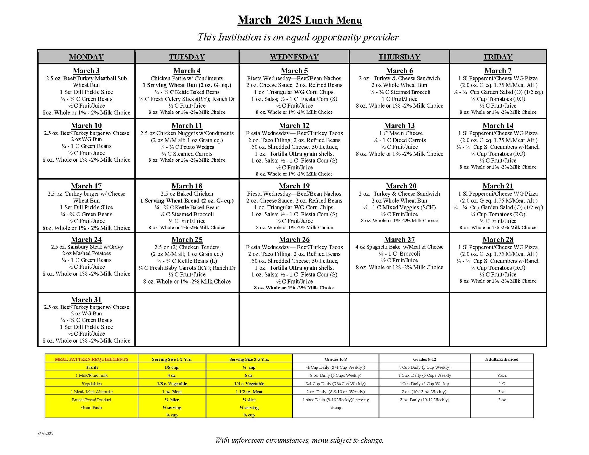 March Lunch Menu