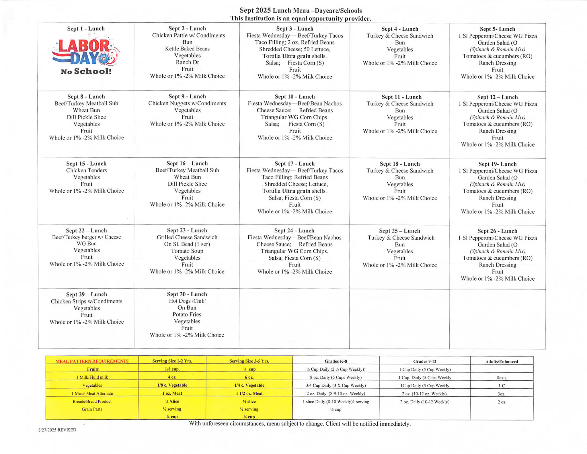 September Lunch Menu
