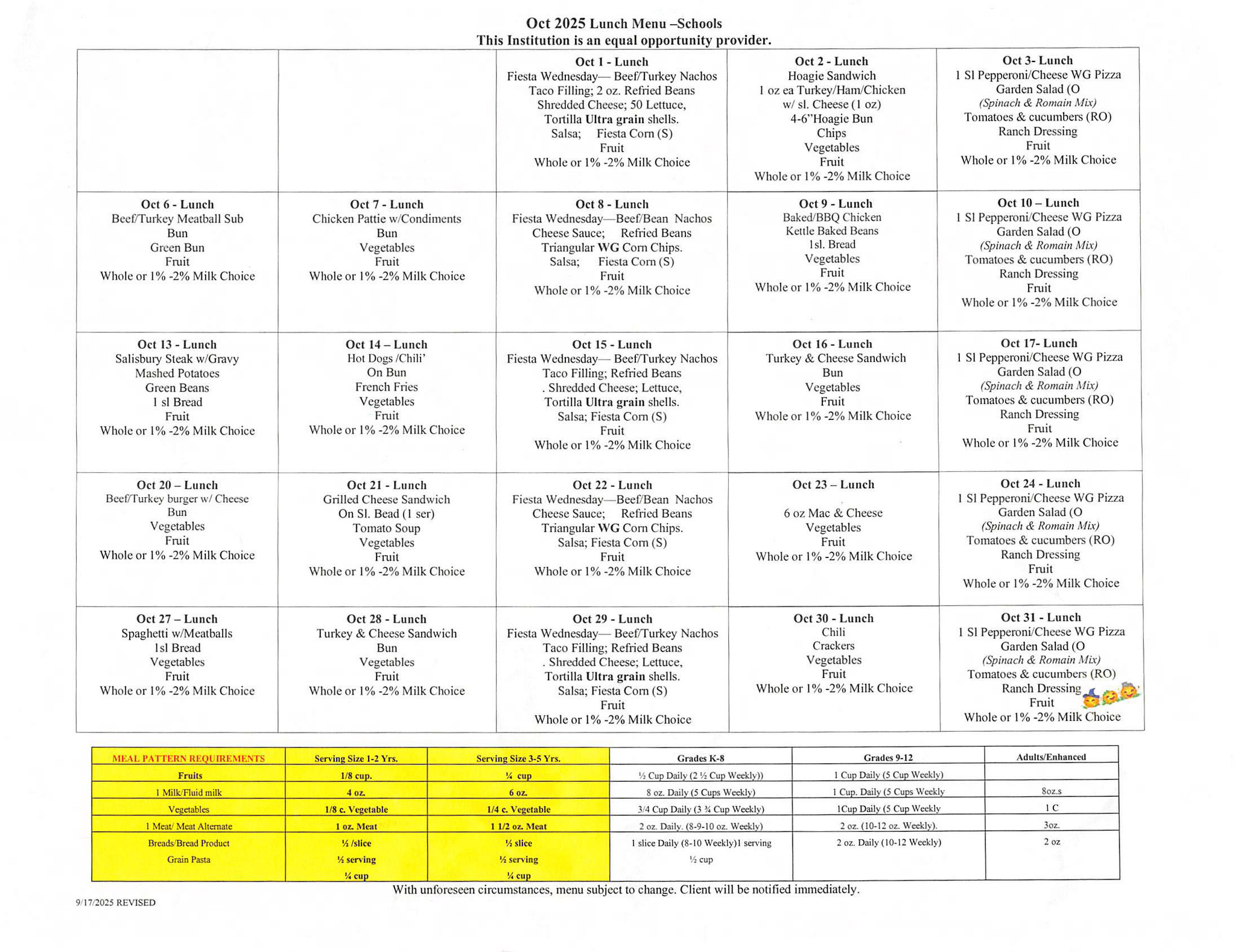 October Lunch Menu