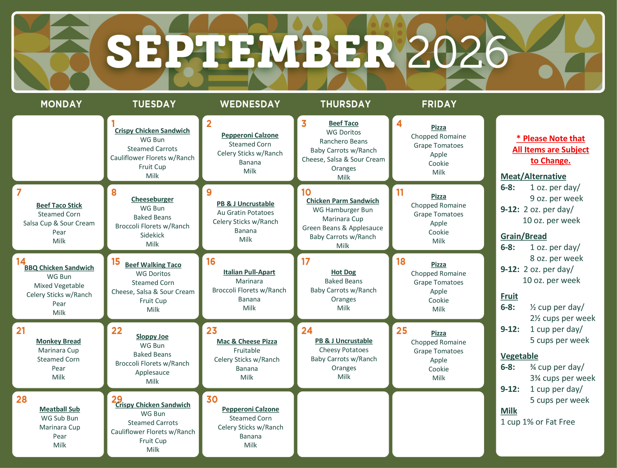 September Lunch Menu