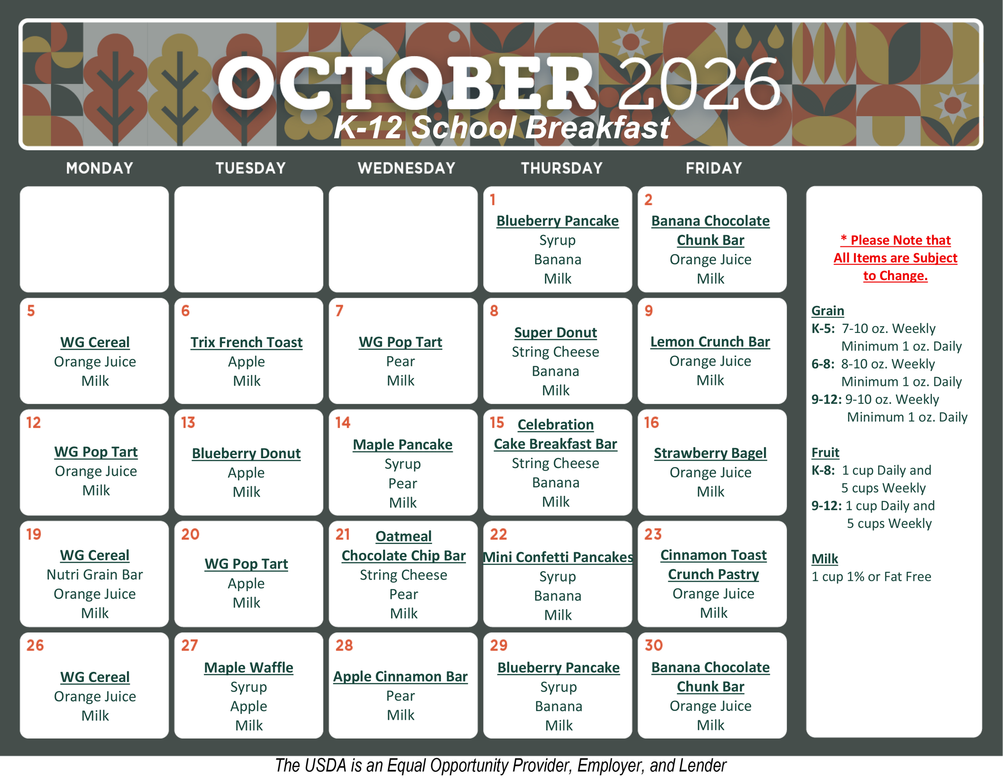 October Breakfast Menu