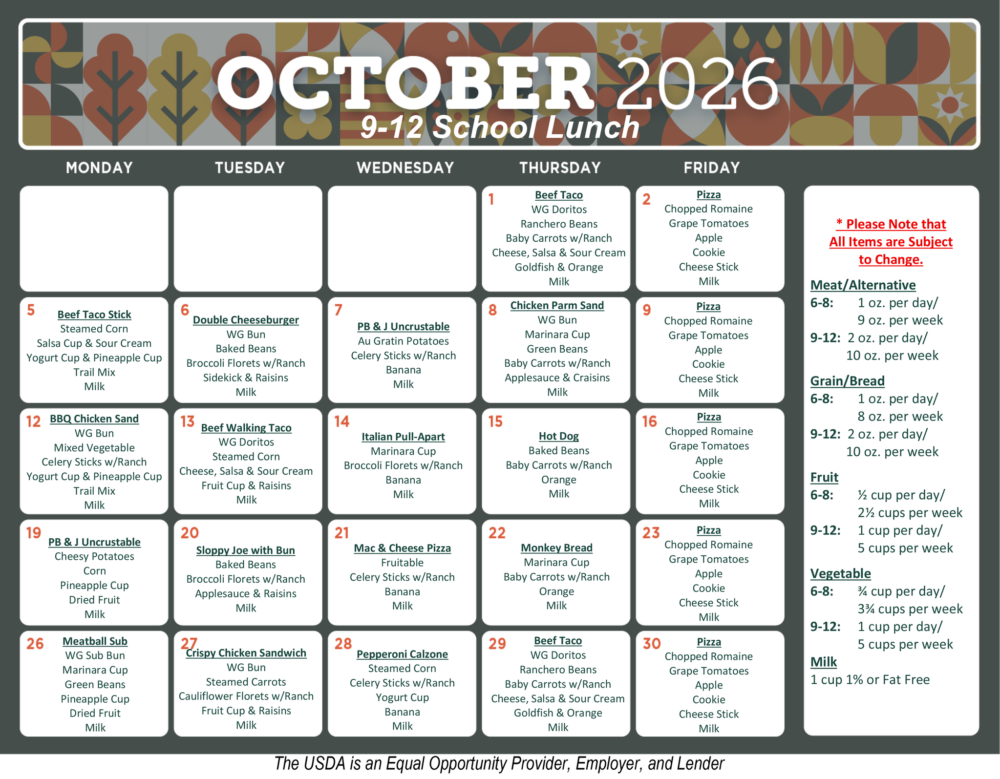 October Lunch Menu